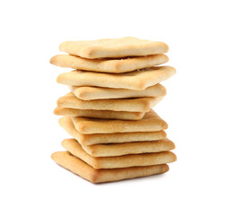 Stack of tasty salty crackers isolated on white