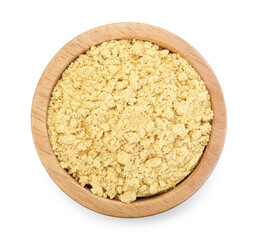 Dry ginger powder in bowl isolated on white, top view