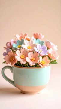 Fototapeta Colorful pastel flowers in teal cup with soft neutral background