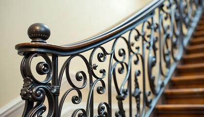 close up of a metal railing with wood handrails