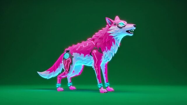 Stylized low poly wolf illustration in pink and turquoise isolated on green