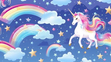 Obraz premium Seamless Cute Little Unicorn Pattern with Sparkling Crystals and Hearts in a Soft Color Palette