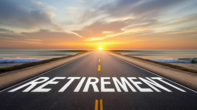 Journey to Retirement Long Road to Sunset on Asphalt Horizon with Sky and Clouds, Symbolizing New Life Phase and Hope