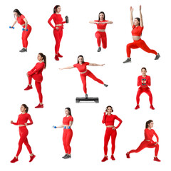 Women in red sportswear on white background, collage