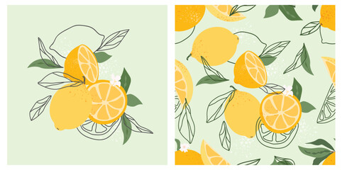 Yellow lemons tropical seamless pattern. Fruit summer background. Vector bright abstract print for paper, cover, fabric.