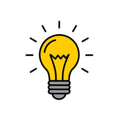 yellow light bulb icon, blue outline, isolated white background, new idea, breakthrough, innovation, inspiration