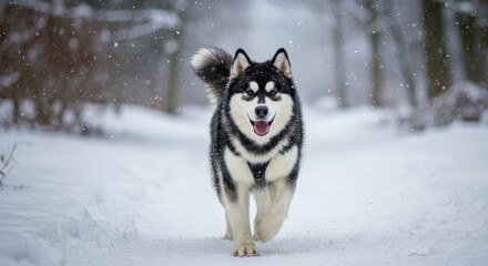 Black and white Siberian Husky running through a snow-covered forest