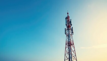 Obraz premium Tall antenna tower against a clear blue sky, broadcasting signals , television, tall, power