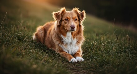 Brown and white dog lying in a verdant field with trees in the background