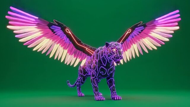 Stylized winged predator animal with neon outlines and colorful wings
