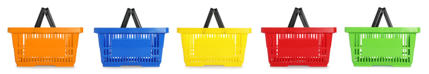 Shopping baskets in different colors isolated on white, set
