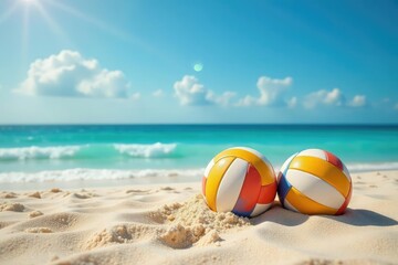 Obraz premium Two volleyballs on a sandy beach, ocean in background, sunny day , beach, smooth