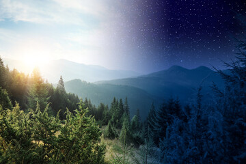 Beautiful mountains with forest by day and night, combined design