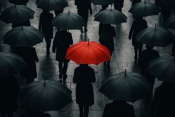 Obraz premium One red umbrella in a rainy city crowd, metaphor for standing out