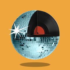Disco ball with vinyl record parts inside on orange background, creative collage