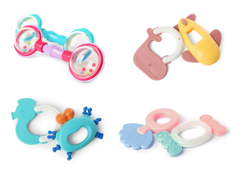 Different baby rattles isolated on white, set