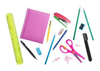 Pens and other different stationery isolated on white, set. Top view