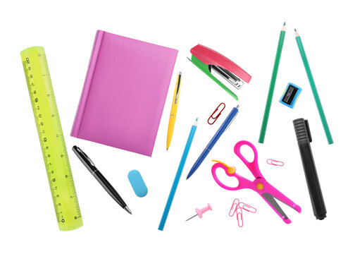 Pens and other different stationery isolated on white, set. Top view - Powered by Adobe