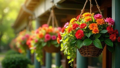 Fototapeta premium Vibrant hanging baskets overflowing with colorful flowers, lush greenery, and cascading blooms , pansy, petunia