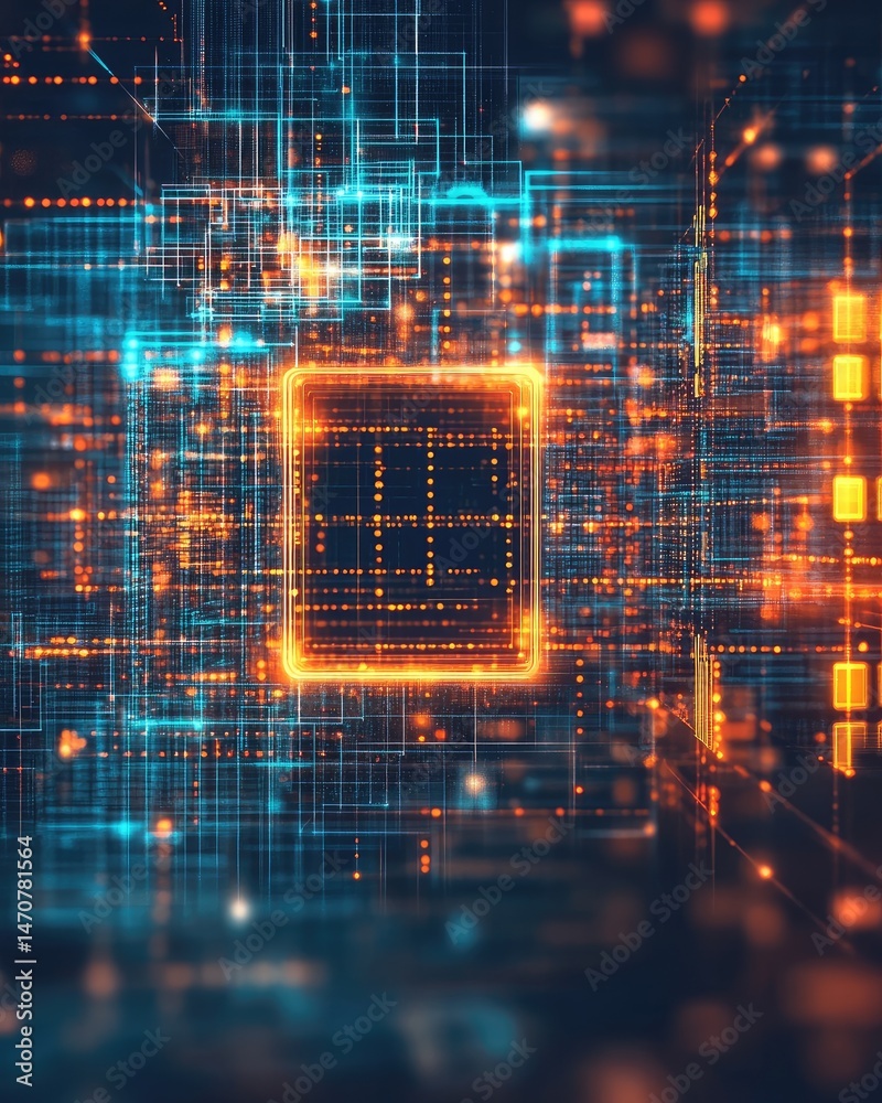 Poster abstract digital art of a glowing orange square at the center with an intricate network of blue and 