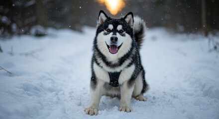 Naklejka premium Siberian Husky with black harness in snowy winter landscape