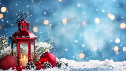 A holiday scene showcases a red lantern with a lit candle, surrounded by ornaments and pinecones resting on a snow-covered surface, set against a backdrop of falling snowflakes and gentle blue lights. - Powered by Adobe
