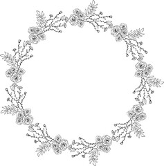 Hand drawing circular Flowers frame. Circular floral branch style. Floral round black and white frame of twigs, leaves and flowers. Frames for template, wedding decor, invitation card.