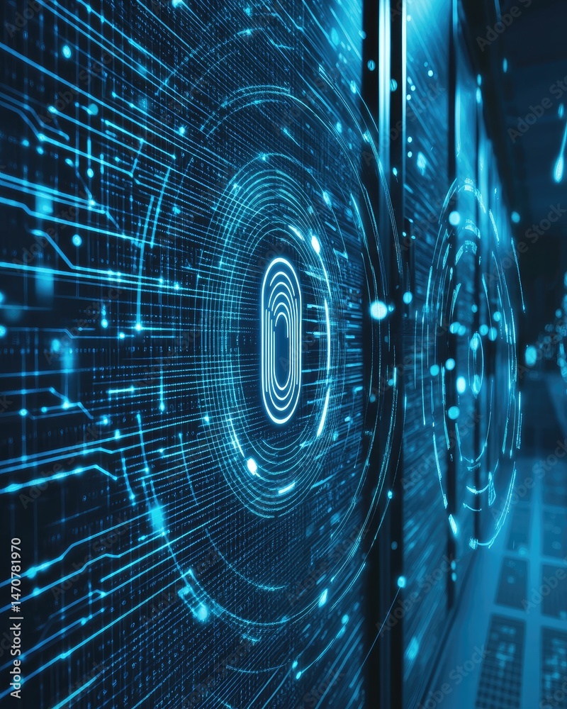 Poster abstract rendering of digital data processing and storage in a server room, featuring glowing blue c
