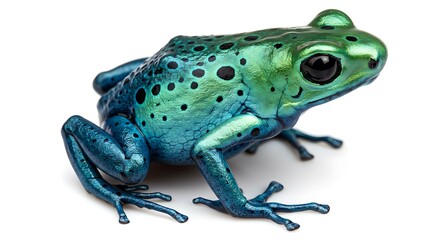 Obraz premium A vividly colored poison dart frog with glossy skin, centered on a clean white background, macro level detail, 8k resolution 