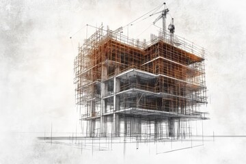 Architectural rendering of a high-rise building under construction.
