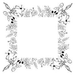 Hand drawing Flowers frame. Square floral branch style. Floral round black and white frame of twigs, leaves and flowers. Frames for template, wedding decor, greetings card
