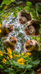 Cute Furry Animals & Fluffy Pet Family in Vibrant Outdoor Forest Nature Background with Green Flora & Cheerful Spring Flowers for a Joyful Wildlife Adventure & Exploration in Colorful Scenic Landscape