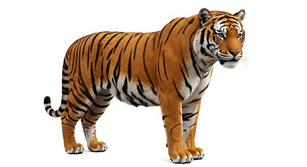 Fototapeta premium A regal Bengal tiger with rich orange fur and bold stripes, standing in the middle of a white background, high definition realism, 