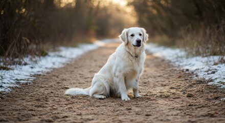 Obraz premium White dog with light cream fur sitting on dirt path in wooded area
