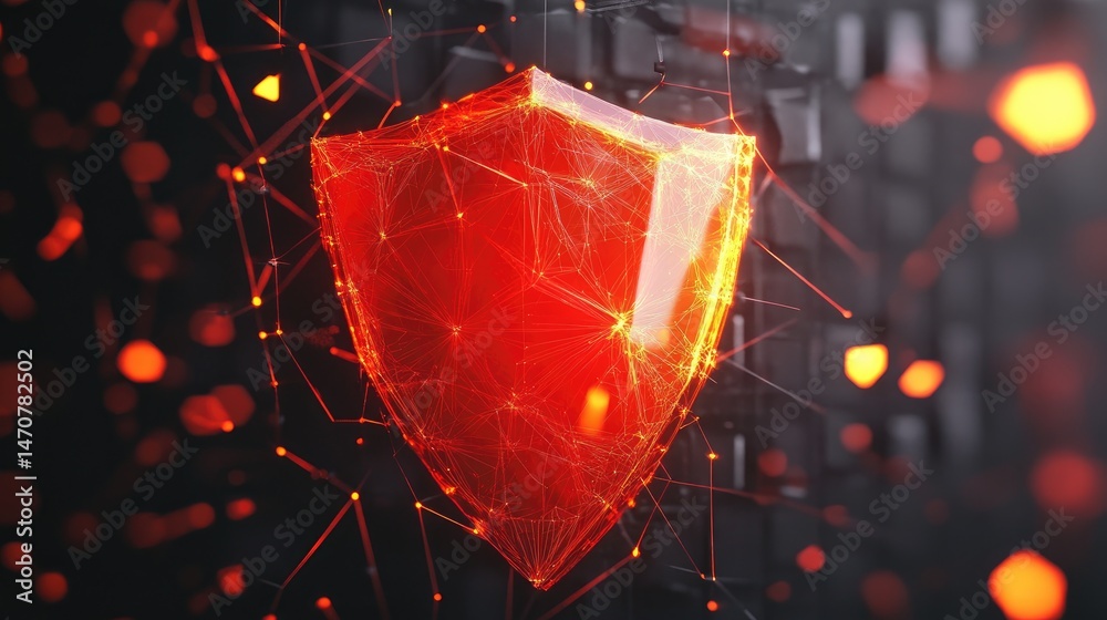 Poster abstract glowing shield with digital connections and bokeh effect on a dark background representing 