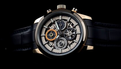 close up of a watch on a black background