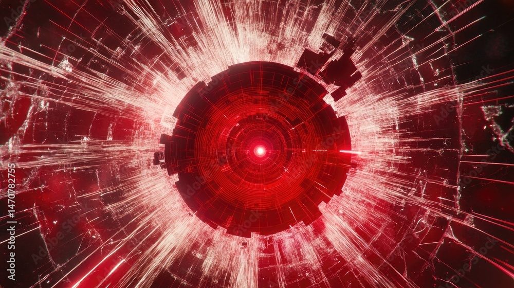 Poster abstract digital sphere composed of red and white light trails representing data flow and connectivi
