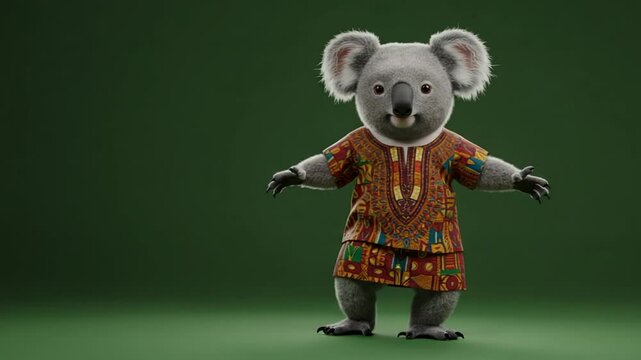 Standing koala character wears a patterned outfit against green backdrop