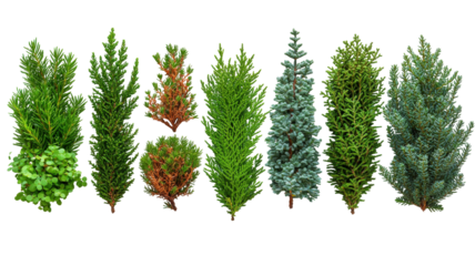 Assortment of diverse coniferous trees isolated for ecological design and landscaping