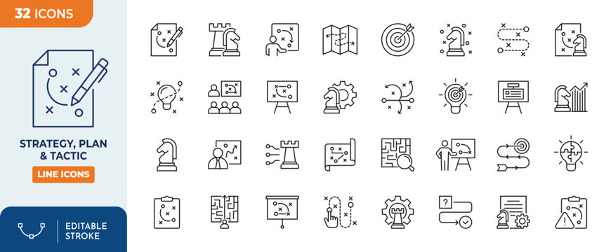 Strategy, plan, tactic line editable icon set. Editable stroke. Vector illustration
