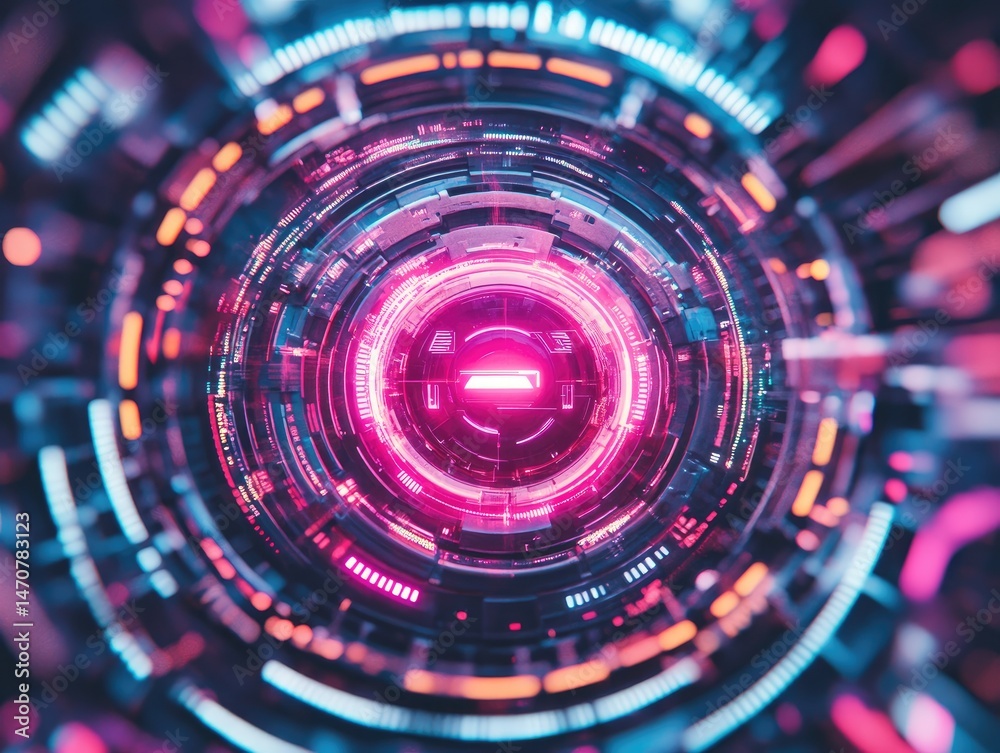 Poster abstract futuristic digital art with a circular tunnel design glowing pink blue and cyan creating a 