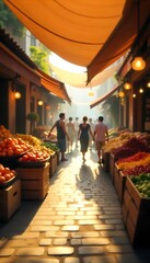 Generative AI depicting a bustling marketplace scene bathed in warm light