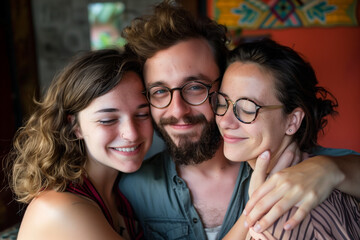 Polyamory of Two Women and One Man enjoying intimacy and togetherness as a queer trio for LGBTQ Pride celebration