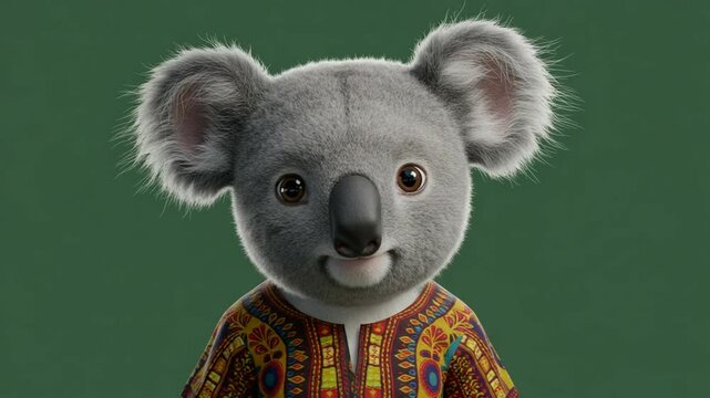 Koala portrait with patterned shirt on green background wildlife art