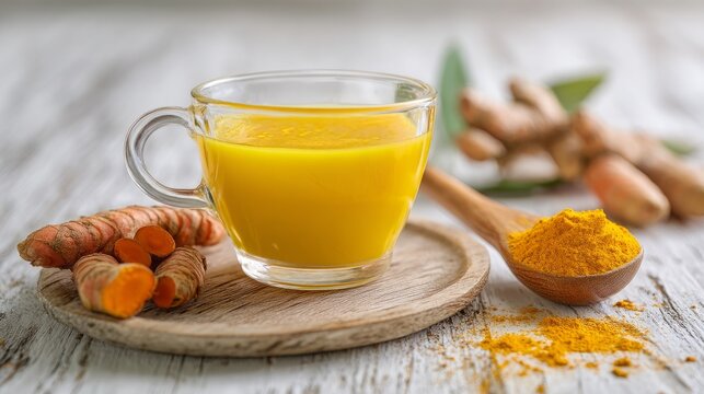 Golden turmeric latte in glass with turmeric powder and roots on table