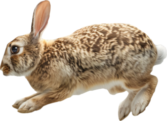 Jumping brown rabbit in motion on transparent background