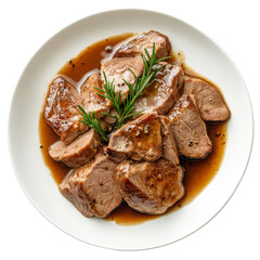 Delicious veal slices in savory sauce garnished with fresh rosemary on a transparent plate, slices of veal cooked in a sauce dish isolated on transparent background