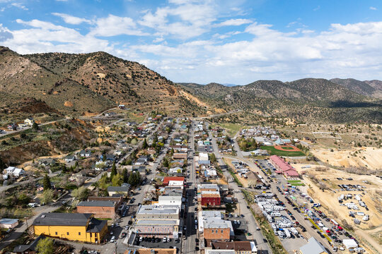 Virginia City Nevada - Aerial View of  C Street .Shops Stores and Town with Mountains