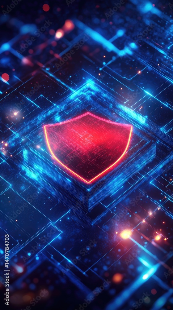 Poster digital shield icon glowing with vibrant red and blue colors within a technological circuit board ba