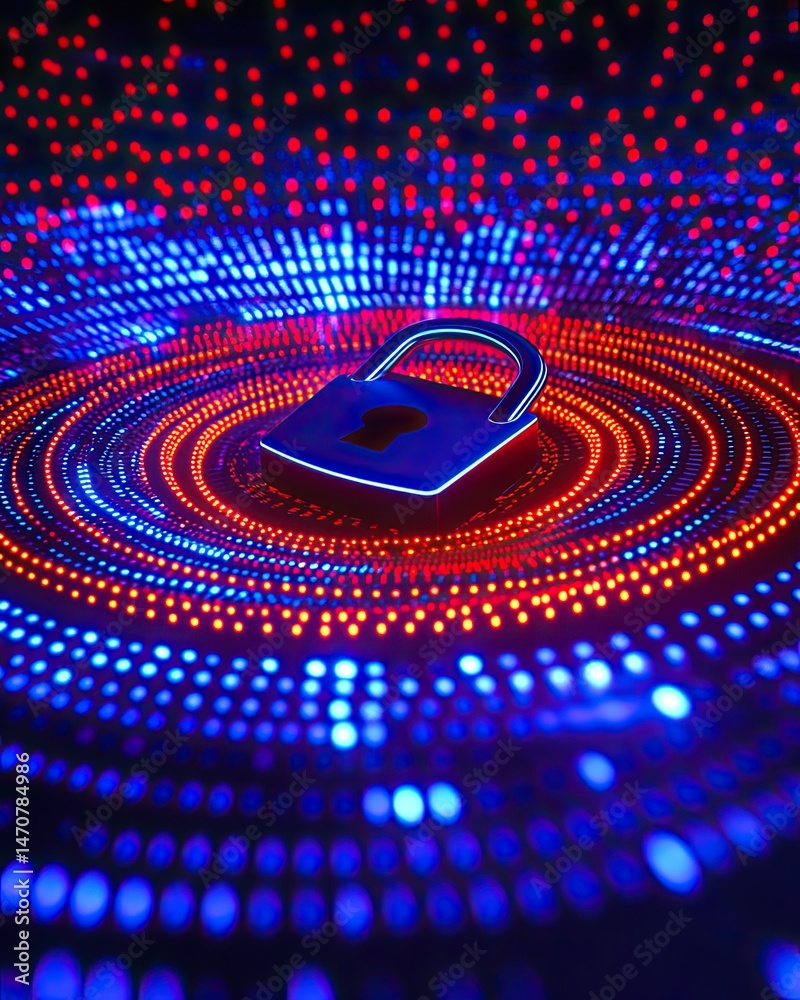 Poster digital padlock with glowing concentric circles symbolizing data security and protection in a tech-f